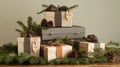 stack of holiday gift boxes with natural ribbons, pinecones, and tags Royalty Free Stock Photo