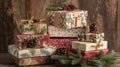 stack of holiday gift boxes with natural ribbons, pinecones, and tags Royalty Free Stock Photo