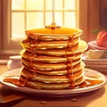 A stack of homemade honey pancakes for breakfast. Honey flows over pancakes. AI generated