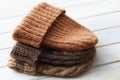 Stack of homemade knitted hats Royalty Free Stock Photo