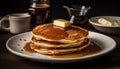 Stack of homemade pancakes with butter, syrup, and fresh fruit generated by AI