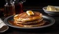 Stack of homemade pancakes with butter, syrup, and fruit toppings generated by AI