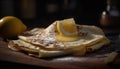 Stack of homemade pancakes with butter, syrup, and fruit toppings generated by AI