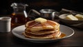 A stack of homemade pancakes with butter, syrup, and honey generated by AI