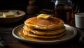 Stack of homemade pancakes with butter, syrup, and honey pouring generated by AI