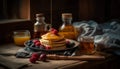 Stack of homemade pancakes with fresh fruit and berry syrup generated by AI Royalty Free Stock Photo