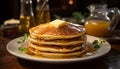 Stack of homemade pancakes with fresh fruit and syrup generated by AI Royalty Free Stock Photo
