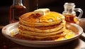 Stack of homemade pancakes with fresh fruit and syrup generated by AI Royalty Free Stock Photo