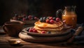 A stack of homemade pancakes with fresh fruit and syrup generated by AI Royalty Free Stock Photo