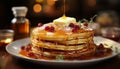 A stack of homemade pancakes with fresh fruit and syrup generated by AI Royalty Free Stock Photo
