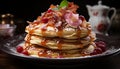 A stack of homemade pancakes with fresh fruit and syrup generated by AI Royalty Free Stock Photo