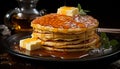 Stack of homemade pancakes with honey syrup and fresh fruit generated by AI Royalty Free Stock Photo