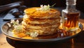 A stack of homemade pancakes, sweet syrup, and fresh berries generated by AI