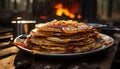 Stack of homemade pancakes with syrup and fresh fruit generated by AI Royalty Free Stock Photo