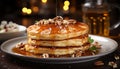 Stack of homemade pancakes with syrup and fresh fruit generated by AI Royalty Free Stock Photo