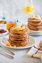 Stacks Of Whole Wheat Pancakes With Apple Slices Royalty Free Stock Photo