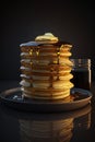 Stack of hot pancakes, butter and syrup. Generative AI