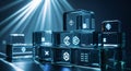Illuminated crystal blocks with digital icons stacked on a dark blue background scene Royalty Free Stock Photo