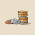 Stack of illustrated coins in shades of brown, gold, and silver. One stack stands uprig Royalty Free Stock Photo