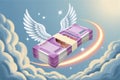 A stack of indian 2000 rupee notes with wings flying in the sky Royalty Free Stock Photo