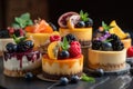 stack of individual cheesecakes, each topped with different fruit