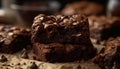 Stack of indulgent chocolate desserts on wooden table generated by AI