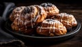 Stack of indulgent French pastries on rustic table generated by AI