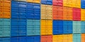 Stack of intermodal cargo shipping containers, freight, import or export industry concept