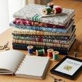 Stack of intricately bound journals, each with distinct colorful floral and patterned Royalty Free Stock Photo