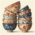 A stack of intricately designed ceramic bowls, alternating in blue and red patterns. Royalty Free Stock Photo