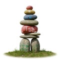 A stack of intricately painted stones is arranged in a balanced tower. Each stone Royalty Free Stock Photo