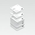 Stack of isometric digital cards floating vertically, each displaying minimalist user Royalty Free Stock Photo