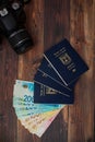 Stack of israeli money bills of 200, 100 shekel and israeli passport Royalty Free Stock Photo