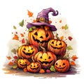 A stack of jack-o-lantern pumpkins, some wearing witch hats and falling leaves, a Halloween image