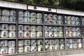 Stack of Japanese wine sake barrels at a shrine