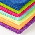 Stack of kitchen microfiber towels in bright colors on a white background