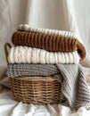 Stack of Knitted Sweaters in Wicker Basket Royalty Free Stock Photo