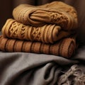 Stack of knitted warm sweaters on wooden background, closeup