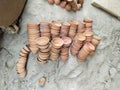 stack of kulhar or kulhad cup (traditional handle-less clay cup) from India filled with hot Indian tea.