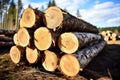 Stack of large cut timber logs close up. Timber logging image. Royalty Free Stock Photo