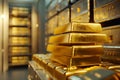Stack of large gold bars is displayed in vault that is protected secure Royalty Free Stock Photo