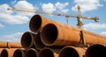 Stack of large rusty metal pipes at a construction site with a yellow crane in the background under a blue sky Royalty Free Stock Photo