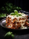 a stack of lasagna on a black plate