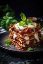 a stack of lasagna on a plate