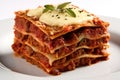 A stack of lasagna on a white plate. Generative AI image.