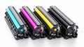 Stack of laser printer CMYK toners. 3D illustration Royalty Free Stock Photo