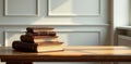 Stack of leather-bound books on a wooden table in a sunlit room. Generative AI Royalty Free Stock Photo