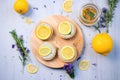 stack of lemon raw vegan tarts, top view Royalty Free Stock Photo