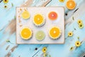 stack of lemon raw vegan tarts, top view Royalty Free Stock Photo