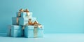 A stack of light blue gift boxes with golden ribbons, ready for a special occasion. Generative AI Royalty Free Stock Photo